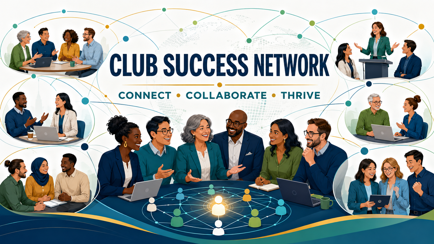 Small and large teams of people collaborating and sharing leadership success together.