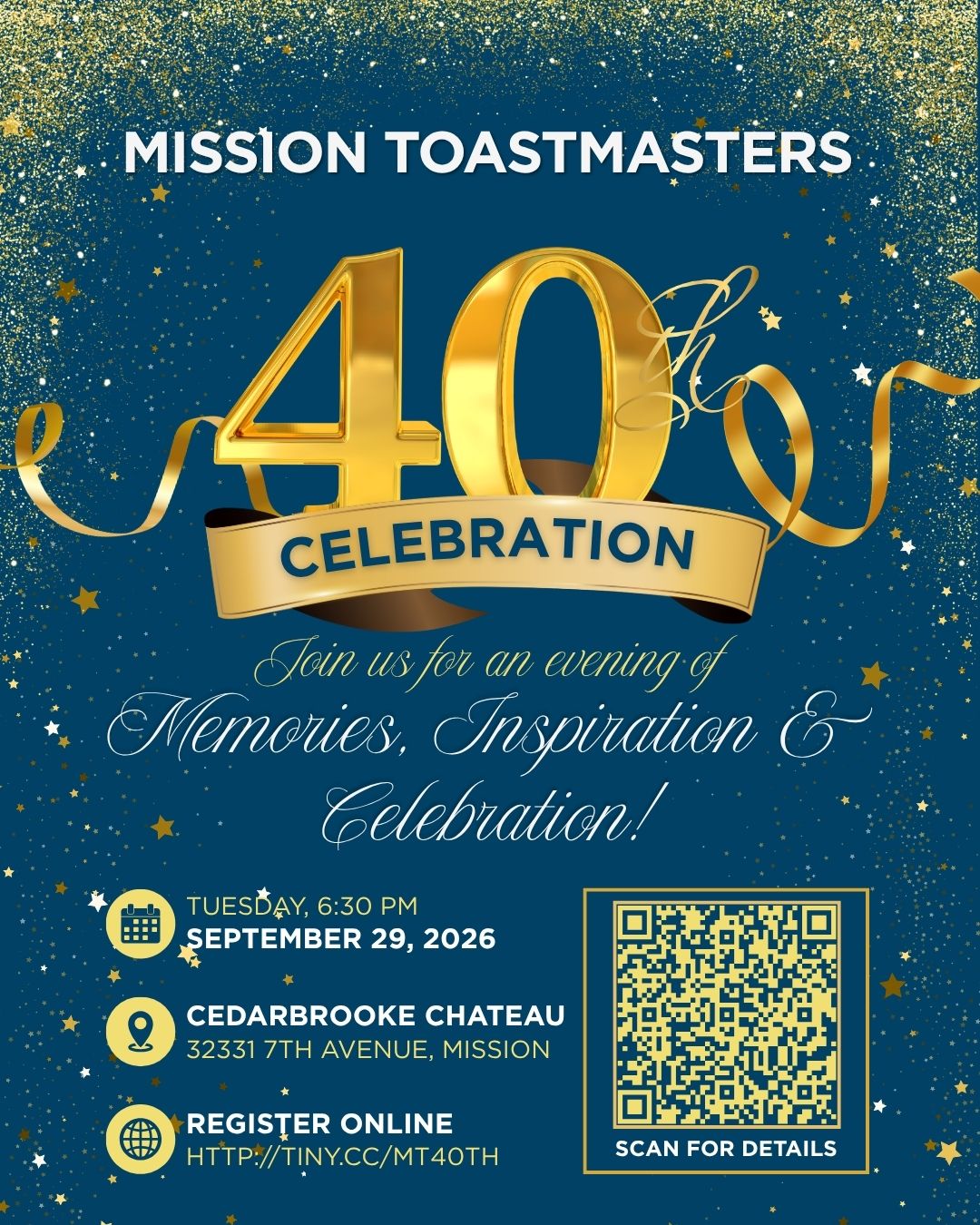 Mission Toastmasters 40th Anniversary poster links and QR code