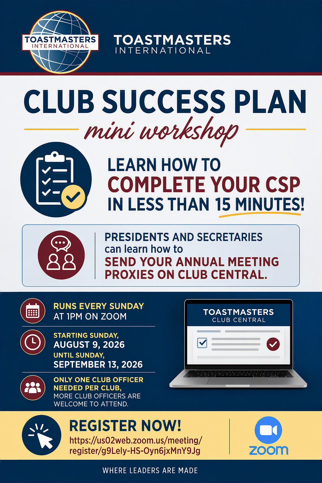 CSP mini workshop every Sunday at 1pm Aug 9 to Sept 13.