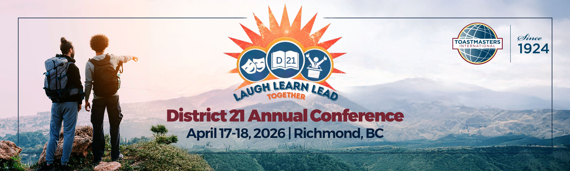 Two hikers stand on a hill looking towards a valley. Text "District 21 Annual Conference 2026"  April 17 - 18, 2026