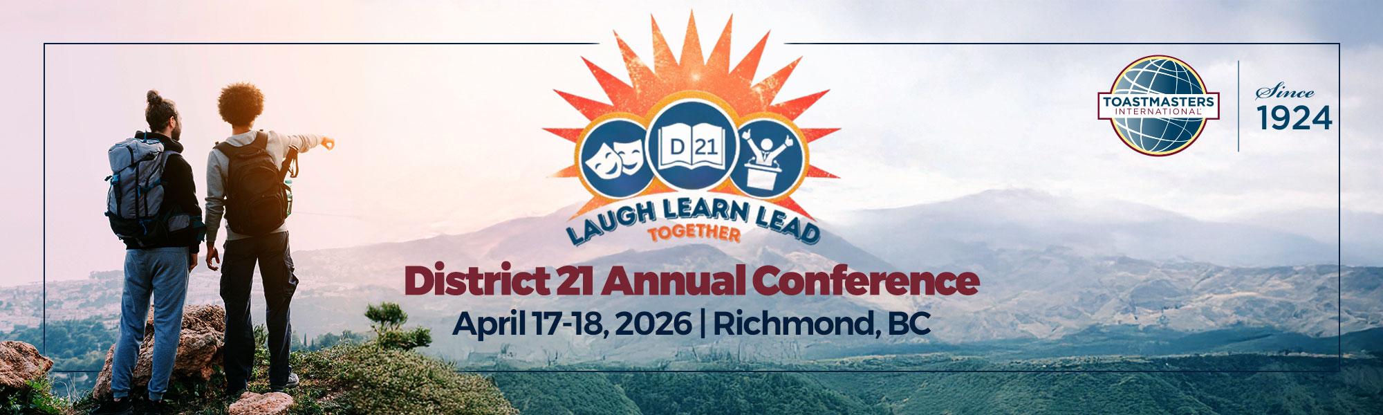 Two hikers stand on a hill looking towards a valley. Text "District 21 Annual Conference 2026" April 17 - 18, 2026