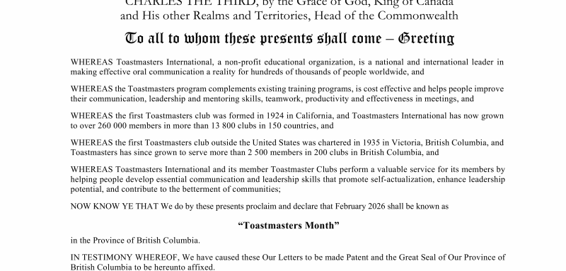 “Toastmasters Month” proclamation 